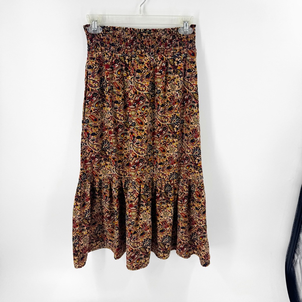 Evereve Womens Paisley Smocked Waist Tiered Midi Skirt XS Multicolor Boho Pocket